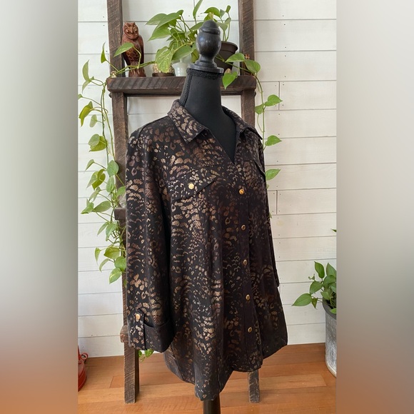 JM Collection: Black and Brown Animal Print  Jacket with Cuffed Sleeves - Picture 8 of 17